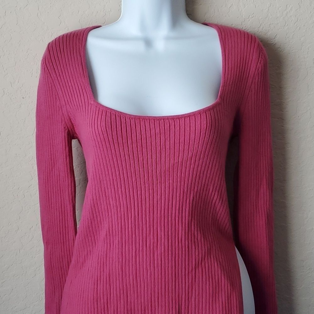 Open Edit Ribbed Knit Long Sleeve Sweater Size Medium Pink Scoop Neck Top** - Picture 2 of 6